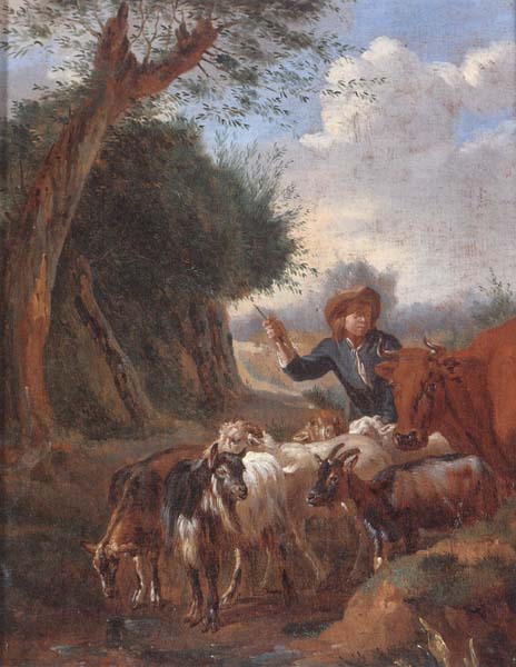 A Young herder with cattle and goats in a landscape